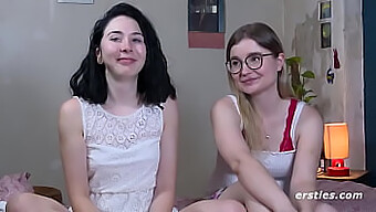 German College Student Experiences Lesbian Sex For The First Time With Her Girlfriend Using A Strap-On Toy, Showcasing Natural Breasts And Nipple Play.